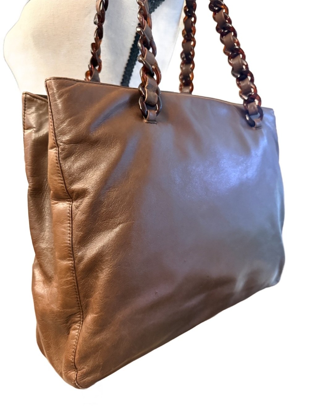 Prada Tessuto Nappa Leather Brown Tortoiseshell Chain Tote Bag w COA - Picture 7 of 16